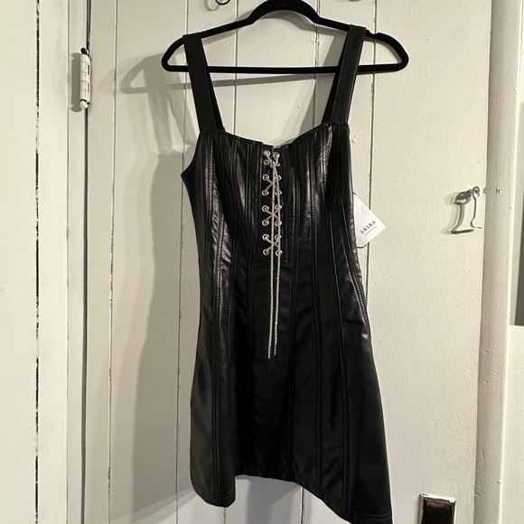 AKIRA NWT pleather Corset-Style mini Dress with rhinestone ties - Picture 2 of 6